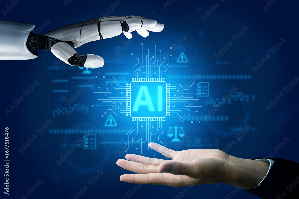 Poster ai-generated image showing artificial intelligence control system with legal balance, cybersecurity 