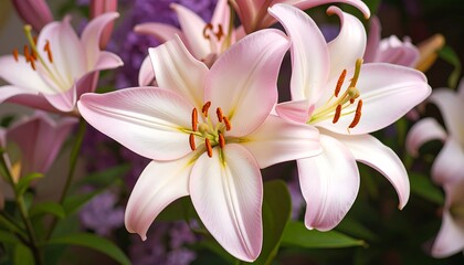 Naklejka premium Close-up of two beautiful pink and white lilies