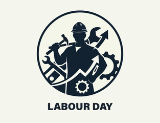 Labour day celebration with worker silhouette and tools