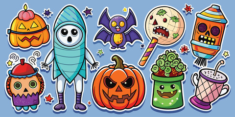 Happy Halloween day element background vector. Cute collection of spooky ghost, pumpkin, bat, candy, cat, skull, spider, grave, castle. Adorable halloween festival elements for decoration, prints.
