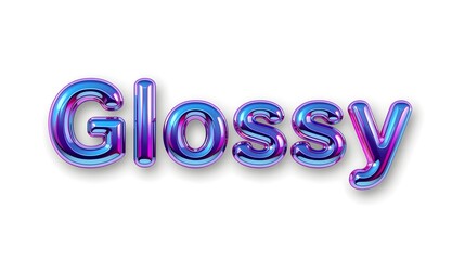Shiny iridescent blue and purple glossy balloon letters spelling out the word glossy against a clean white background