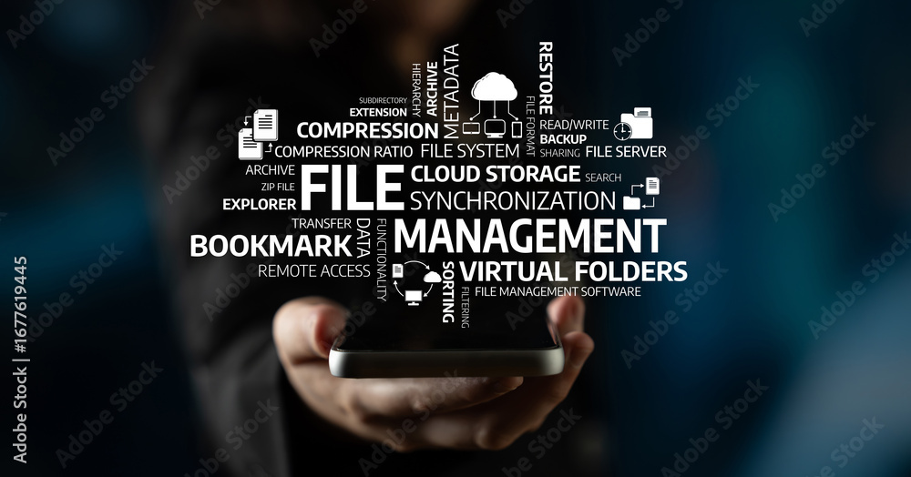 Aufkleber this image showcases the concept of file management, illustrating various keywords associated with c