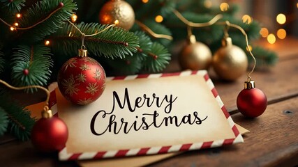 A holiday card "Merry Christmas" featuring a traditional holiday greeting against a decorated Christmas tree. - Powered by Adobe