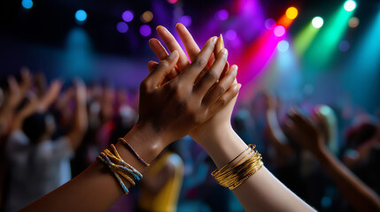 Close-up of clasped hands lifted into the air under colorful lights.