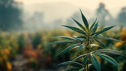 Cannabis plant in a field at dawn