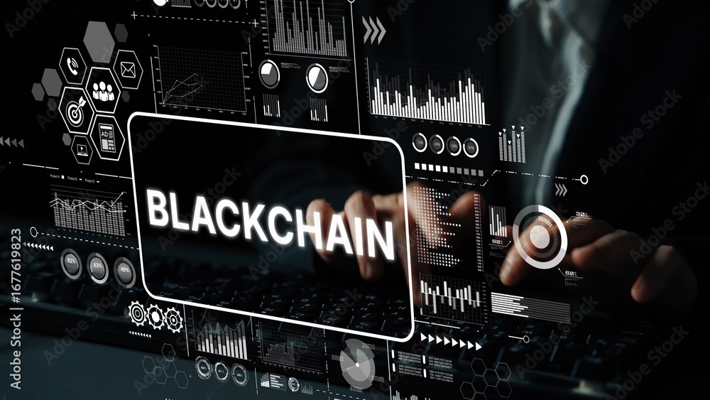 Poster digital representation of blockchain technology with data analysis and futuristic interface using ho