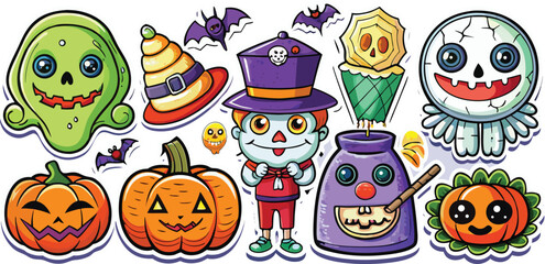 Fototapeta premium Happy Halloween day element background vector. Cute collection of spooky ghost, pumpkin, bat, candy, cat, skull, spider, grave, castle. Adorable halloween festival elements for decoration, prints.