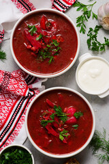 Ukrainian borscht with sour cream in bowls. top  view. .style hugge