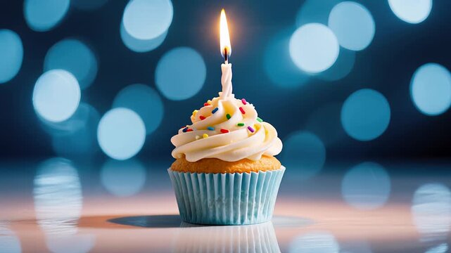 A wonderfully decorated cupcake with a lit candle atop, making it ideal for all types of celebrations and events