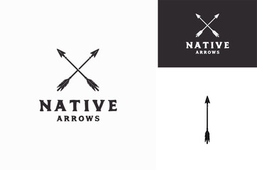 Simple rustic hand drawn silhouette of Crossed Ancient Indian Indigenous American Native Arrows logo design