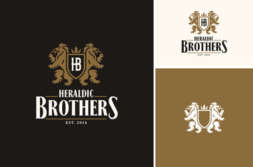 Two heraldry rampant lions with a crown and realm shield crest letter HB between. Classic Luxury Kingdom Coat of Arms Vintage Royal logo design