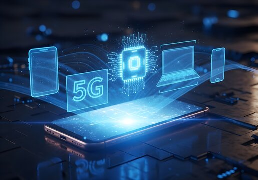 A sleek, empty office desk with a laptop and monitor is illuminated by a dynamic fiber optics background, symbolizing a fast computer network connection