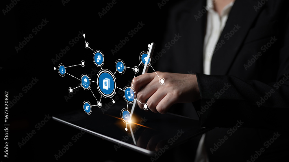 Poster a business professional engages with a digital tablet, interacting with a visually striking interfac