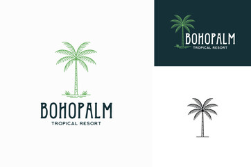 Artistic line art of Tropic Palm Coconut Tree with simple boho style for tropical resort or hotel logo design