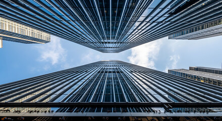 Plakat A dramatic worm's-eye view looks up between two modern glass skyscrapers their parallel lines converging towards the blue sky and clouds above.