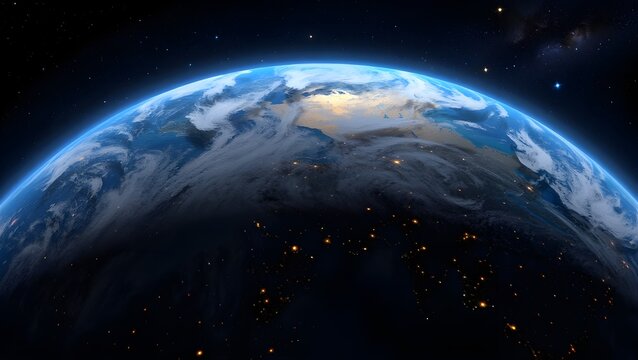 A striking view of our blue planet floating in the vast universe, showcasing the beautiful interplay of sunlight on its oceans and continents