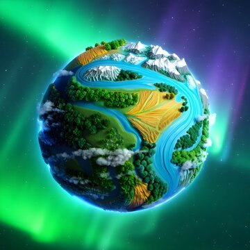 A 3D render of the blue planet Earth with green continents in the dark universe