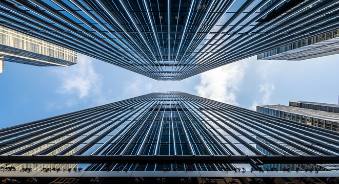 A dramatic worm's-eye view looks up between two modern glass skyscrapers their parallel lines converging towards the blue sky and clouds above.