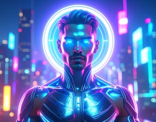 Futuristic Cyberpunk Man with Neon Glow in a Vibrant Cityscape.