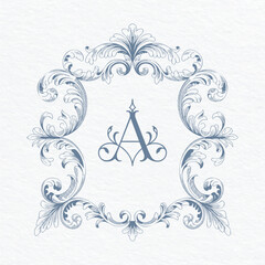 Naklejka premium Elegant baroque wedding monogram frame with floral scrolls. Decorative frame with engraving-style baroque flourishes.