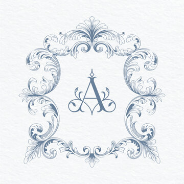 Elegant baroque wedding monogram frame with floral scrolls. Decorative frame with engraving-style baroque flourishes.