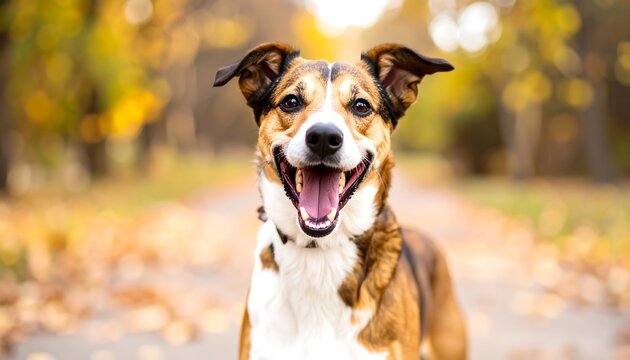 Happy Mixed Breed Dog Smiles in Autumn Leaves.