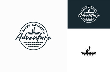 Silhouette of man rowing a paddle oar on canoe or kayak boat for river stream kayaking adventure label logo design