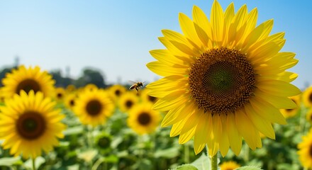 Obraz premium Bee approaches a vibrant sunflower in a field under a sunny clear sky day landscape