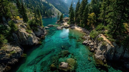 Fototapeta premium Serene Secluded Mountain Valley with Clear Lake and Untouched Sandy Beach Inspiring Relaxation and Connection with Nature