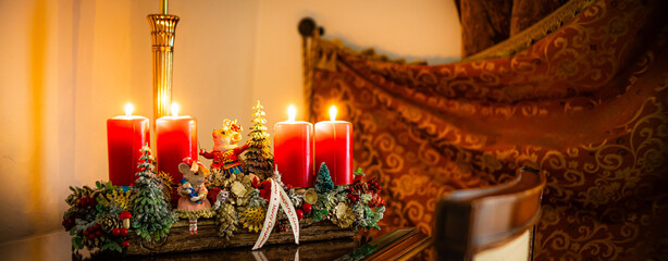 Christmas table composition. Beautiful decoration. Christmas trees, candles, stars, lights and elegant accessories. Merry Christmas and Happy Holidays, Template.