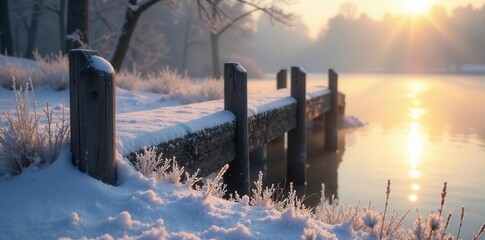 A frost-covered wooden stile in the early morning light of winter, creating a serene and tranquil scene , stile, countryside
