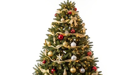 Decorated Christmas tree with ornaments and lights.