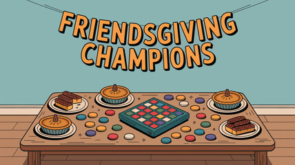Friendsgiving champions banner above table with pies cakes and board game with colorful tokens