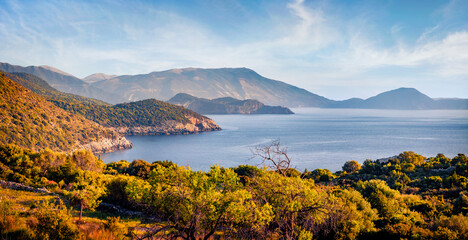 Wonderful morning seascape of Ionian sea. Amazing summer view of Kefalonia Island, Greece, Europe....