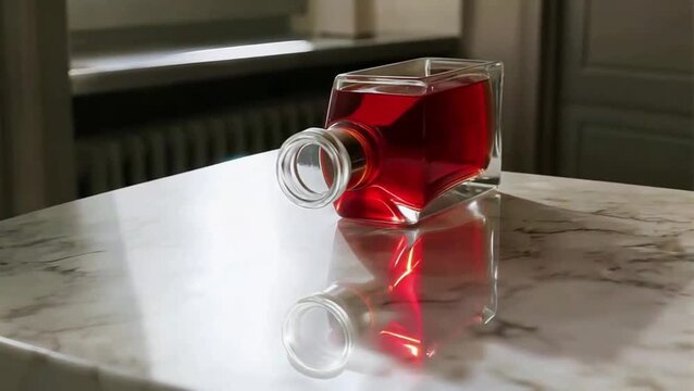Botella de vidrio con agua roja sobre mármol blanco, reflejo invertido