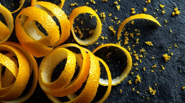 Flat lay of citrus zest spirals scattered on slate background with natural bright tones and strong shadows ideal for recipe styling or food blog minimalist compositions