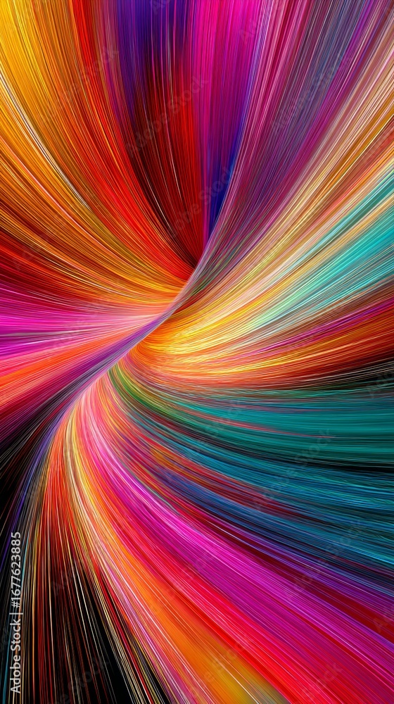 Poster converging smooth lines bursting with vibrant color, generating dynamic visual energy through abstra