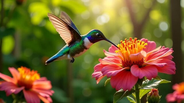 An iridescent hummingbird flitting between colorful blossoms in a lush, sun-dappled garden.