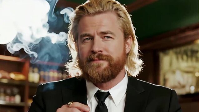 Hombre rubio con barba fumando un puro