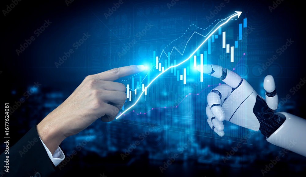 Poster a human hand reaching out to interact with a robotic hand against a backdrop of financial graphs and