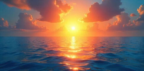 A vibrant graphic featuring a bright sun rising over a calm ocean, symbolizing hope and new beginnings , dawn, sunrise