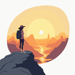 Female traveler watching sunset on cliff in mountainous landscape  