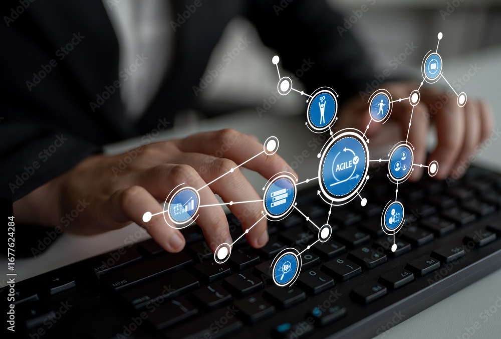 Aufkleber a close-up of hands typing on a keyboard, surrounded by digital icons representing agile methodology