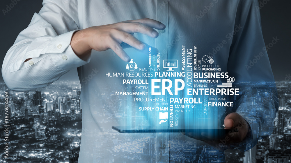 Aufkleber a business professional interacts with advanced erp solutions, showcasing the integration of technol
