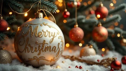 Elegant "Merry Christmas" ornament in white and gold colors, representing the holiday season against a festive tree background - Powered by Adobe