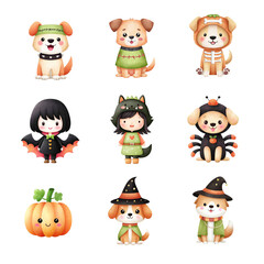 A whimsical Halloween-themed collection of cute animated characters. Halloween Character isolated on white background, Transparent Background