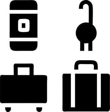 Four black icons of luggage and travel gear, perfect for tourism and transportation themes.