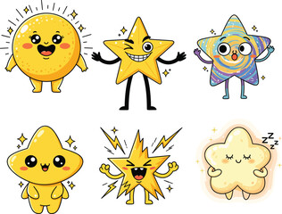 Colorful cute cartoon star characters, happy shining stars with expressions, vector funny doodle star faces for kids, emotional, magical, and dreamy icons