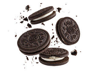 Falling Chocolate Sandwich Cookies with Scattered Crumbs, Isolated on Transparent Background