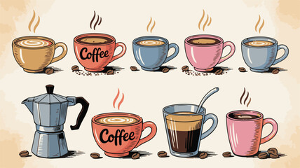 Fototapeta premium A charming set of ten whimsical hand drawn coffee cups and a moka pot coffee beans steam